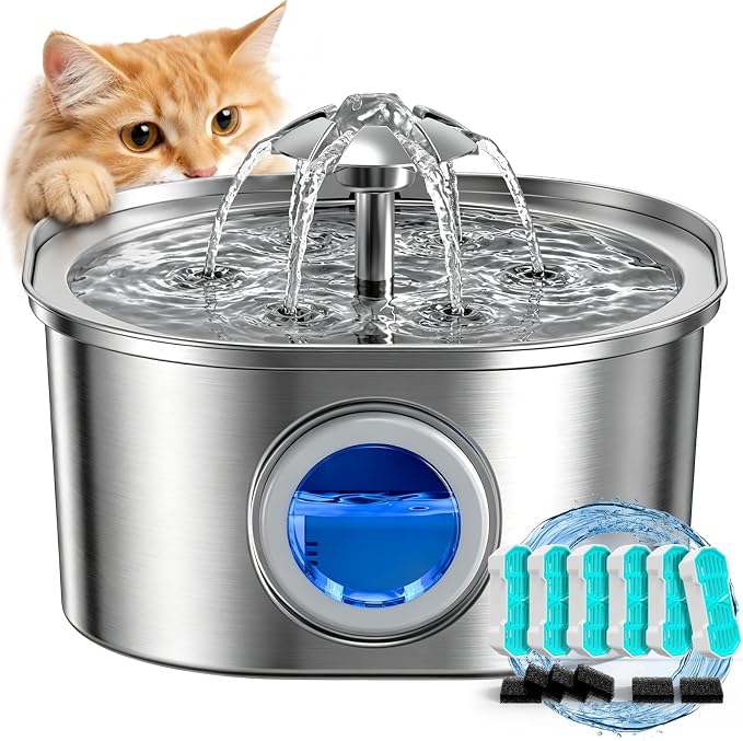 PEKTACO Cat Water Fountain, 3.2L Stainless Steel Pet Fountain, 6 Filters | 108oz capacity, LED water level window, ultra-quiet pump, dishwasher-safe tray, BPA-free, for cats and small dogs