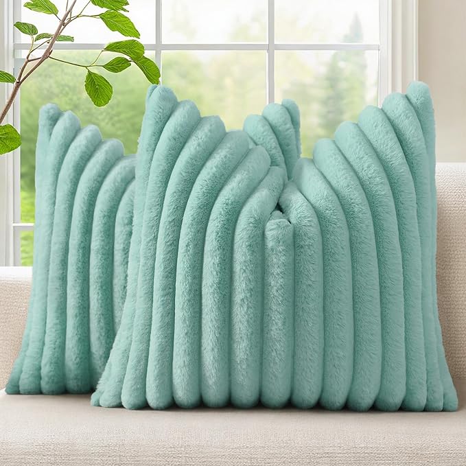 decorUhome Fall Faux Fur Throw Pillow Covers 20x20 Set of 2 Aqua | Decorative Soft Cozy Striped Plush Modern Farmhouse Boho Couch Pillow Cases Velvet Back for Sofa Bed Living Room Home Decor