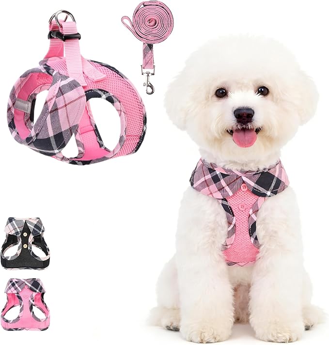 KOOLTAIL Small Dog Harness and Leash Set, Cute Pink Girl Puppy Harness, Step in No Pull Soft Mesh Pet Vest Harness Collar for Small Size Dogs Cats, Plaid Dog Halters for Outdoor Walking, Pink XS