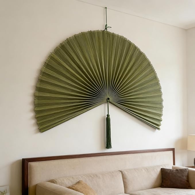 ChumDecor Bamboo Fan Wall Decor, Japanese Wall Fan Art, Army Green 60 in | Large Bamboo Fan Wall Art For Boho Hanging Headboard And Above Bed Decor Giant Japanese Style Folding Fan Easy To Hang