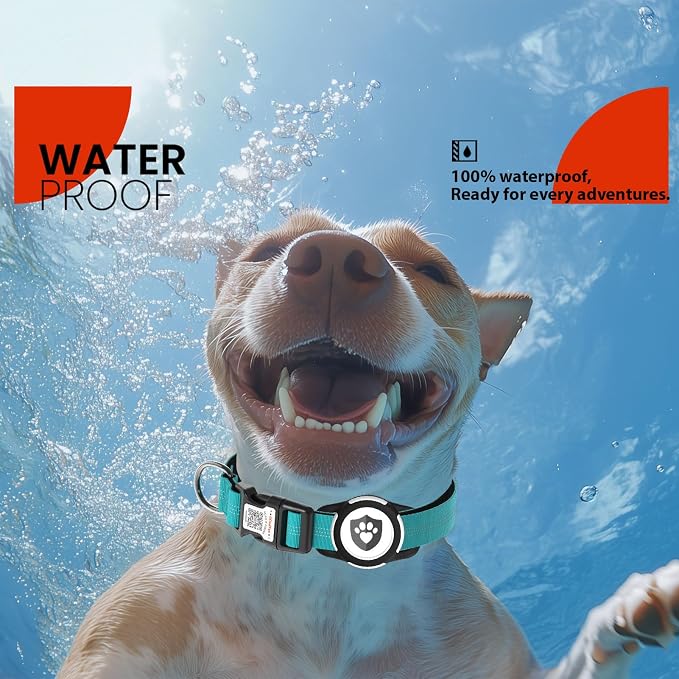 Waterproof AirTag Dog Collar with QR Code Dog Tag, Blue XS | IP68 waterproof, QR code dog tag, Anti-Lost, Online profile, fits XS-L (8"-26"), Padded nylon, Reflective, No App, No Fees