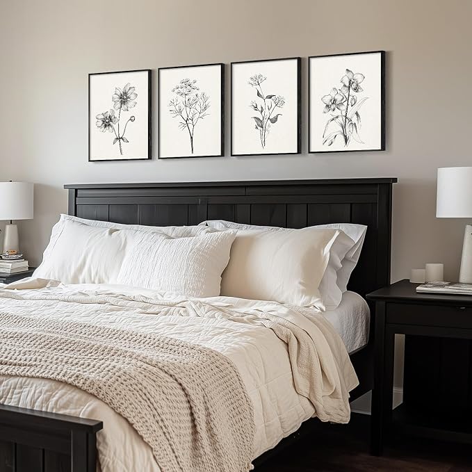 Framed Black and White Floral Wall Art for Living Room, 4 Piece Vintage Botanical Canvas Painting Prints Artwork for Walls, Rustic Minimalist Flower Pictures for Bedroom Hallway Kitchen Wall Decor