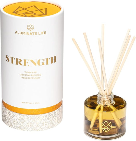 Crystal Infused Reed Diffuser, 4 OZ, Strength - Tiger Eye Crystal Infused - Scents of Cedarwood, Amber, & Sage - Home Decor, House Warming, Room, Stick Perfume, Shelf or Coffee Table