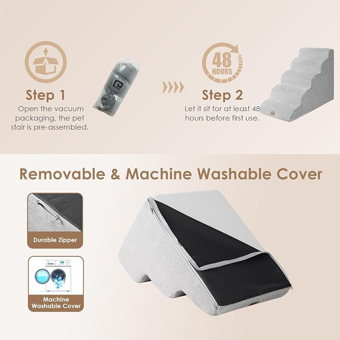 EHEYCIGA Curved Dog Stairs Ramp, 5-Step High Beds, 22.6" H Pet Step | 33D density of pure foam, for Small Dogs and Cats, Pet Stairs for High Bed Climbing, Non-Slip Balanced Indoor, Light Grey