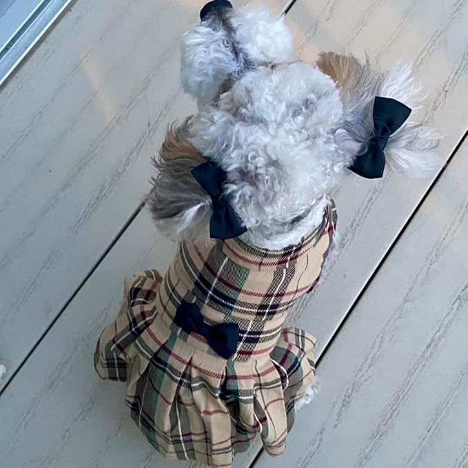 PUPTECK Classic Beige Plaid Dog Dress with Bow Puppy Skirt Clothes S | Cute Chic Cat Puppy Clothes for Small Medium Large Dogs Girl Pet Apparel Outfits Costume for Birthday Wedding Party Holiday