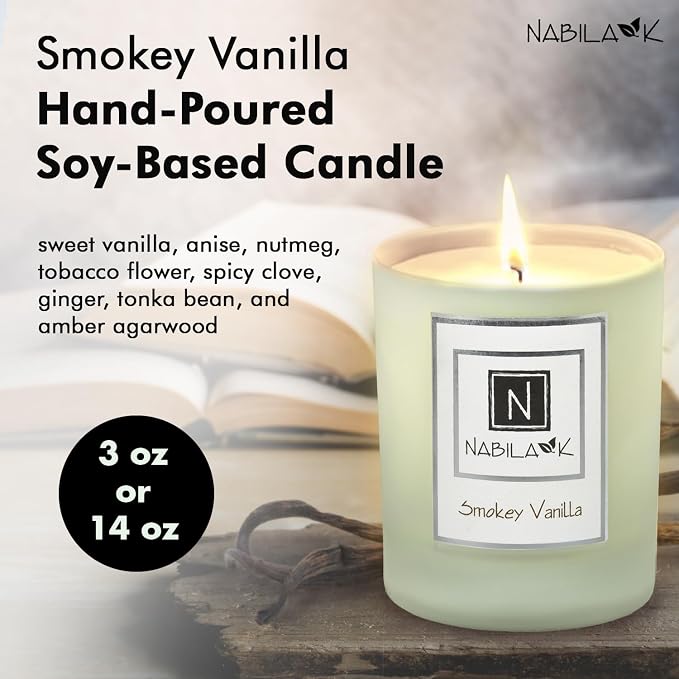 Nabila K – Smokey Vanilla - Soy-Based Candle – Anise, Nutmeg, Spicy Clove, Ginger, Sweet Vanilla, Amber - Hand-Poured - Cotton Wick - Aromatherapy Candle w/Essential Oils - Made in USA - 14 oz