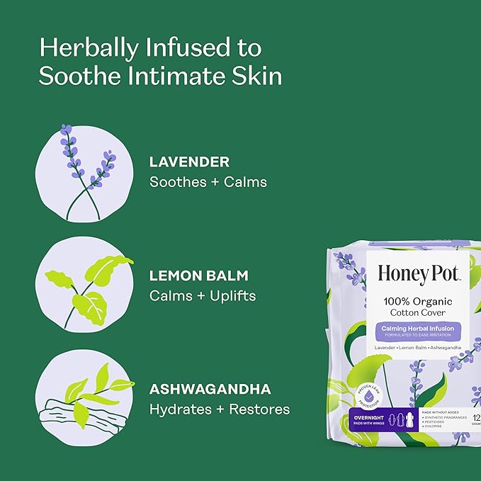 Honey Pot - Calming Herbal Bundle - Sanitary Pads for Women - 100% Organic Cotton - Feminine Care - Non Cooling - Calming Herbs of Lavender, Ashwagandha, & Lemon Balm