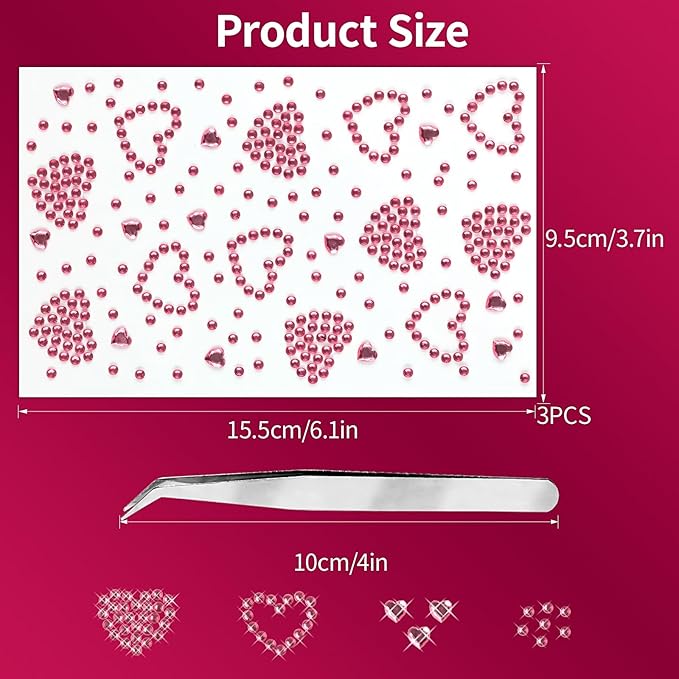 3Sheets Heart Gem Stickers Jewels for Crafts, Face Makeup - Self Adhesive Rhinestone Jewel Stickers, Stick on Gems Rhinestones for Crafts, Craft Supplies for Kids (06.Light Pink Heart)