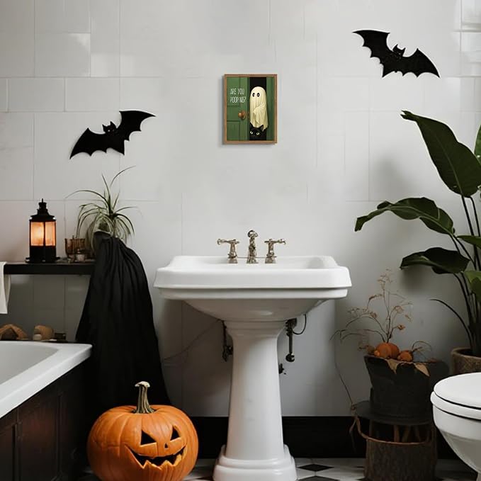 Funny Halloween Bathroom Wall Art, Vintage Cute Ghost Cat Canvas Wall Decor Paintings, Funny Are You Pooping Artwork Poster Print Picture for Bathroom Restroom 8x10 Inch Framed