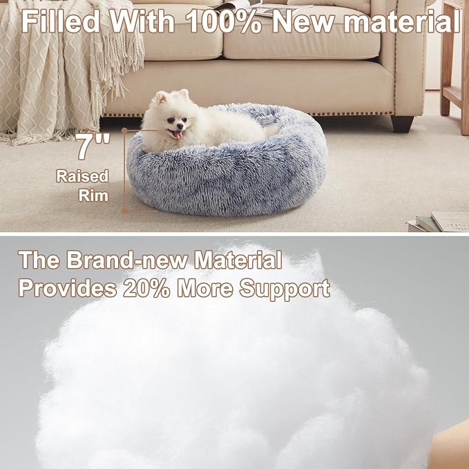 23 inches Faux Fur Fluffy Donut Dog Bed for Small Dogs,Dark Blue | Calming Plush Round Puppy Pet Bed with Removable & Washable Cover,Fits up to 25 lbs Pets