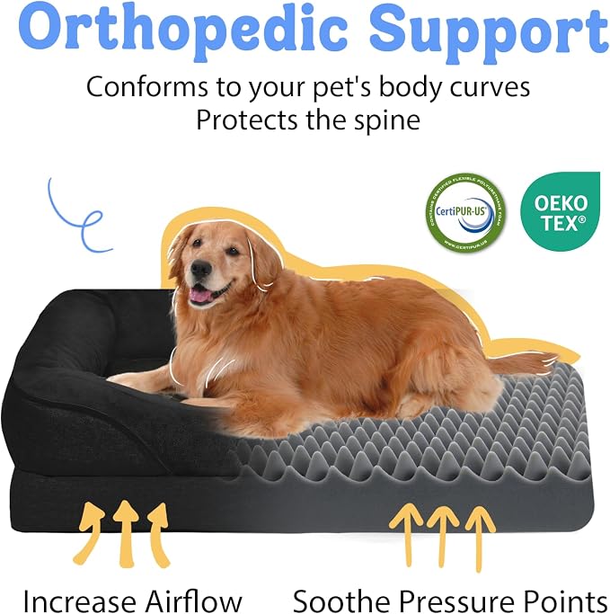 Orthopedic Washable XXL Dog Bed for Extra Large Dogs | Egg Crate Foam, 4-Sided Bolster Support, Waterproof Liner, Non-Slip Bottom, Removable Bolster Cover, 45 x 35 Inch