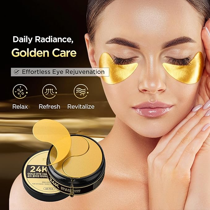 24k Gold Eye Patches - Firming, Glowing & Hydrating Hydrogel Mask for Puffy Eyes, Dark Circles, Wrinkles, Eye Bags Treatment, Fine Lines, Korean Skincare Gifts for Men and Women, 60Pcs