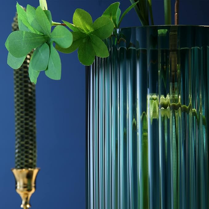 Large Cylinder Ribbed Green Glass Flower Vase for Farmhouse Dining Table Centerpieces Decor