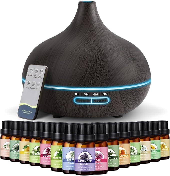 SACATR 550ml Oil Diffuser with 15x10mL Essential Oils, Ultrasonic Technology, Remote Control for Home Office