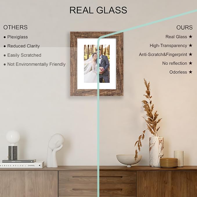 Hongkee 6x8 Picture Frame Set of 4, Made of Real Glass and Rustic Brown Frame - Display Picture 4x6 with Mat or 6x8 Without Mat, 6 by 8 Photo for Wall or Tabletop