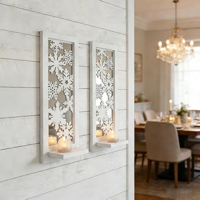 ZEXUIRU 2 Set Rustic Candle Sconces Living Room Bedroom Entryway Wood Mirrored, Farmhouse, Carved Frame Wall-Mount Wooden Candle Holders Wall Decor Hanging Handmade Holder - Distressed White