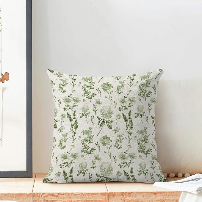 AEIOAE Sage Green Spring Pillow Covers 16x16 Inch Set of 2, Wild Flower Leaves Plant Throw Pillows Case,Seasonal Floral Outdoor Decorative Farmhouse Decor Cushion Covers for Home Sofa Bed Couch