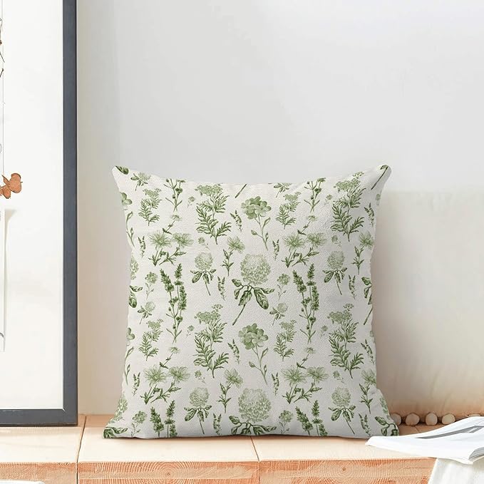 AEIOAE Sage Green Spring Pillow Covers 18x18 Inch Set of 2, Wild Flower Leaves Plant Throw Pillows Case,Seasonal Floral Outdoor Decorative Farmhouse Decor Cushion Covers for Home Sofa Bed Couch