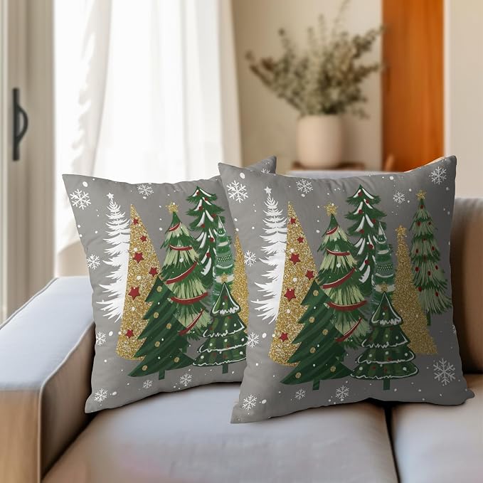 Kawani Christmas Throw Pillow Covers 16x16 Inches, Set of 2 Golden Green Trees Snowflakes Xmas Square Cotton Linen Pillowcase Couch Cushion Covers Winter Holiday Farmhouse Decoration
