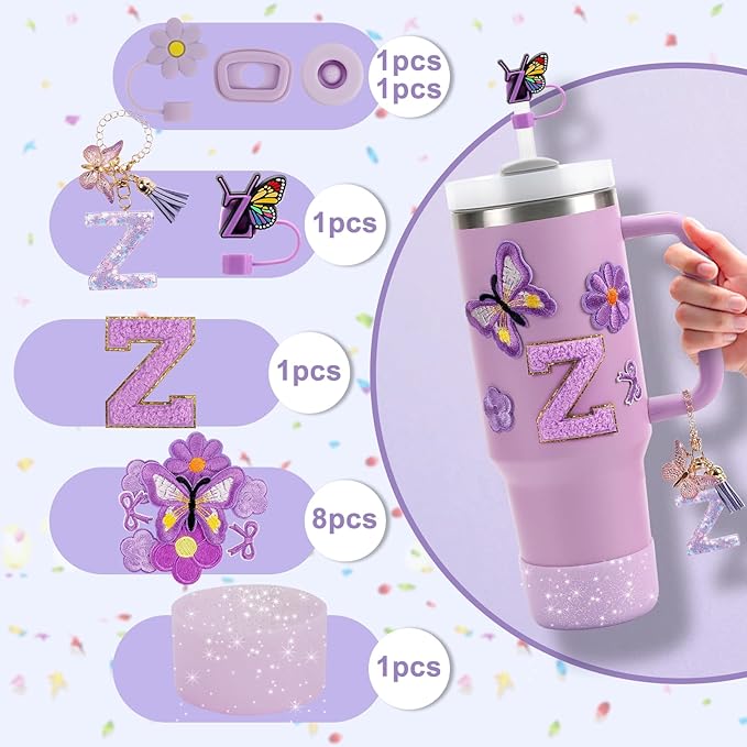 15PCS Cup Accessories Set for Stanley Cup 30oz 40oz Tumbler with Handle, Including Silicone Straw Cover and Boot, Spill Proof Stopper, Stanley Charms, Handle Charm, Initials Sticker