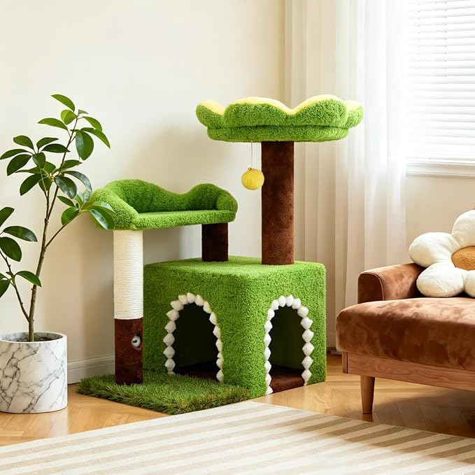 Sunflower Short Cat Tree with Cat Scratching Posts Small Cat Tower | Cat Condo,Cat Perch,Cat Bed 3-in-1 Cat Scratcher for Small Cats and Kittens