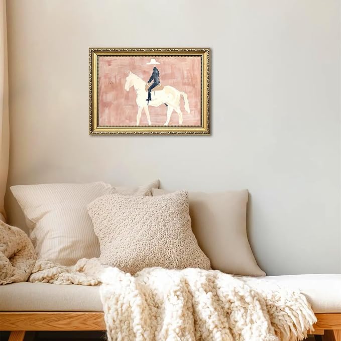 Gold Framed Western Cowboy Wall Art, Modern Abstract Cowboy on Horse Wall Decor Painting Vintage Southwestern Ranch Canvas Prints Picture for Farmhouse Living Room Bedroom 16x24 inch