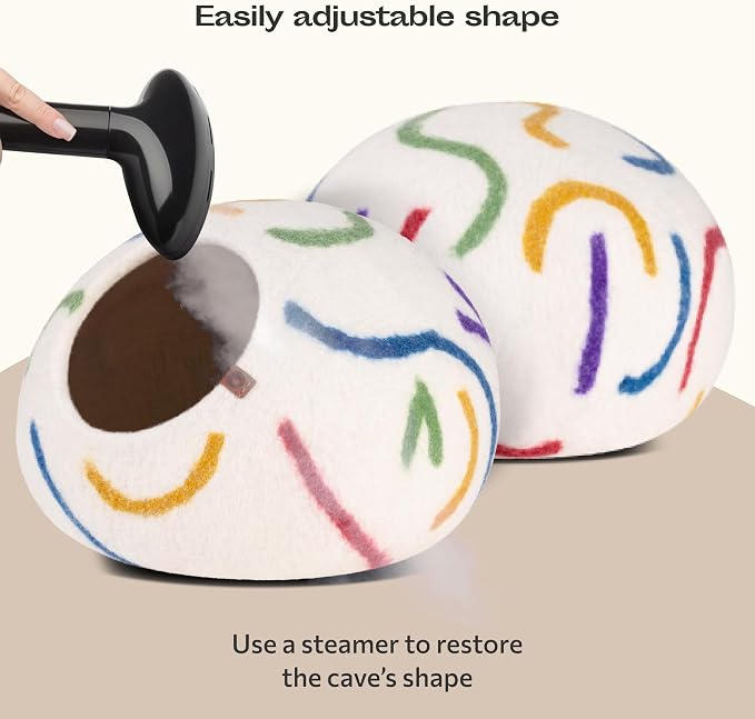 Cat Cave - Merino Wool Bed for Indoor Cats (Ivory Rainbow, Large) | Cat Bed Enclosure, Premium Felt, Handmade, Super Soft, Lightweight, Breathable, Adjustable Shape