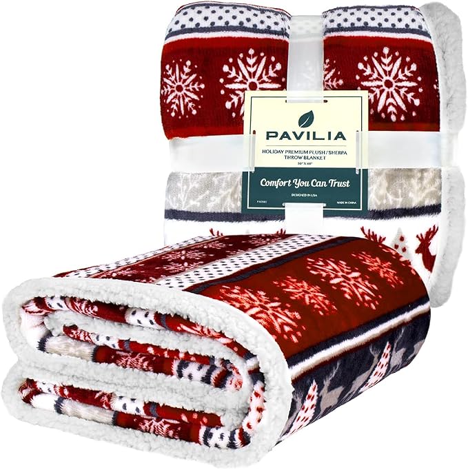 PAVILIA Premium Christmas Sherpa Throw Blanket | Christmas Decoration Reindeers, Fleece, Plush, Warm, Cozy Reversible Microfiber Holiday Blanket 60x80