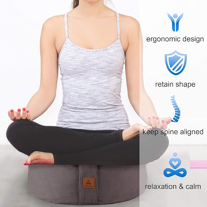 Crescent Zafu Meditation Pillow, D=17" W=11" H=5.5" Zabuton Yoga Bolster, Meditation Cushion, Floor Pouf Yoga Pillow Zippered Organic Cotton Cover Natural Buckwheat kneeling pillow - Large