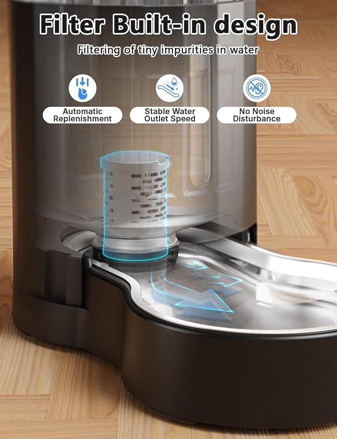 JUNSPOW Cat Water Dispenser with Filter and Stainless Steel Bowl (4L Black) | Automatic Gravity Water Dispenser for Cats or Small Medium Size Dogs, Large Capacity, Easy to Clean