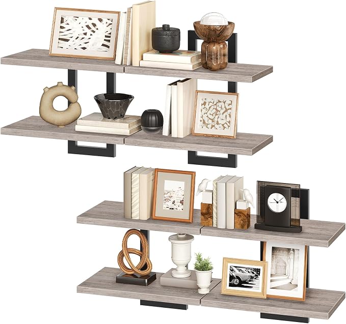 HOOBRO Floating Shelves, 15 Inch Wall Shelf Set of 4, Wall Mounted Storage Shelves 2-Tier, Hanging Bathroom Shelves, for Living Room, Bedroom, Bathroom, Kitchen, Greige and Black BG32BJP401