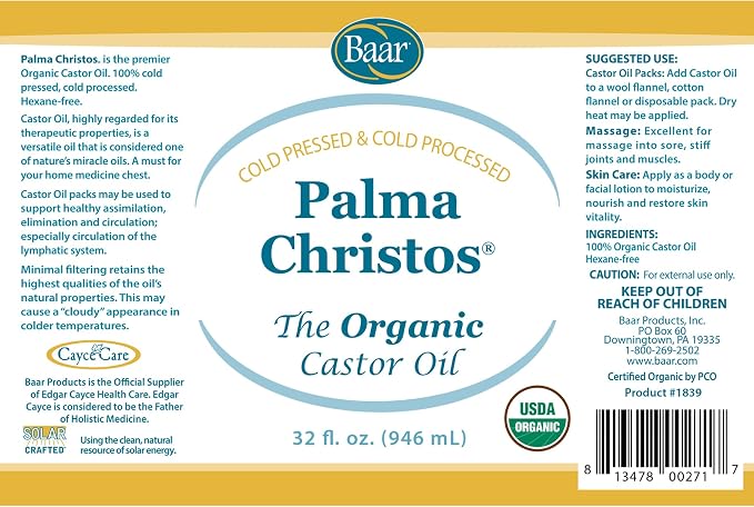 Baar Palma Christos Organic Castor Oil, Amber Glass Bottle, Cold-Pressed, Hexane-Free, for Skin, Hair, Eyelashes, Brows, Scalp, Massage & Castor Oil Packs, 32 oz
