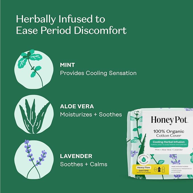 The Honey Pot Company - Herbal Sanitary Pads for Women - Heavy Flow w/Wings - Infused w/Essential Oils for Cooling Effect & Organic Cotton Cover - Feminine Care - 16 ct