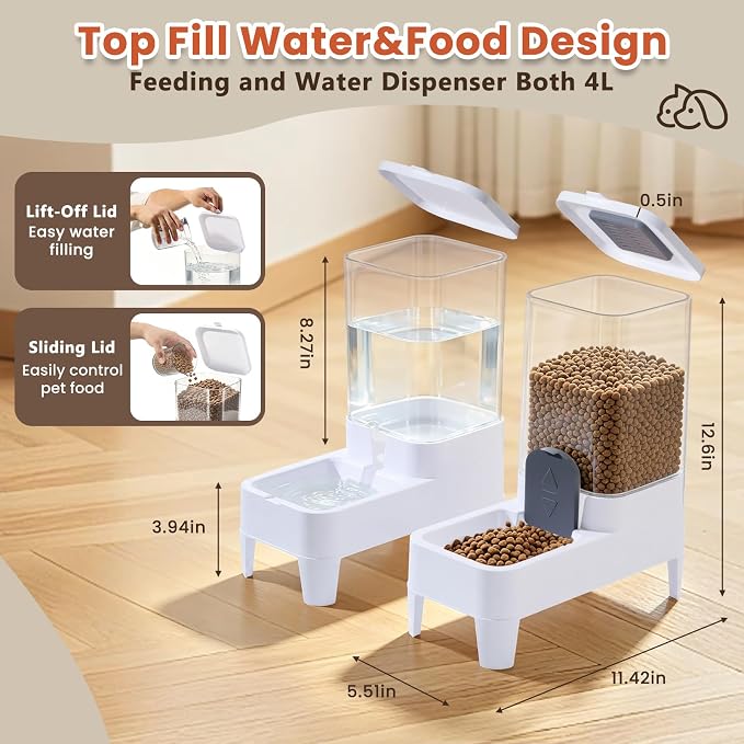 Automatic Cat Feeder and Water Dispenser Set, Top Fill Water&Food Gravity Feeder with Bowl,Easy to Hand-Washable,Elevated Base Design,Suitable for Small&Medium Cat and Dog(4L,White)
