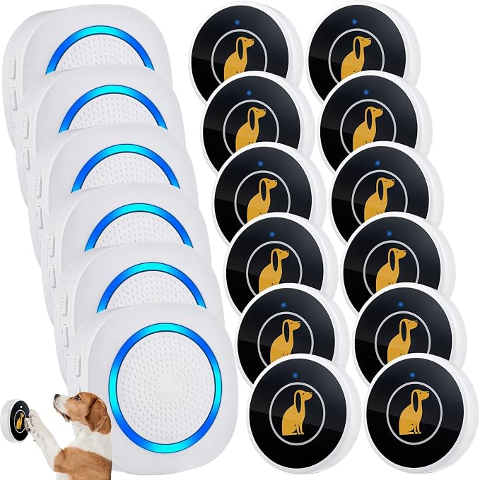 Smart Dog Door Bell Wireless Puppy DoorBell for Potty Training, Dog Bells to go Outside, IP55 Waterproof Bells for Dogs to Ring to go Potty (6 Receivers+12 Buttons)