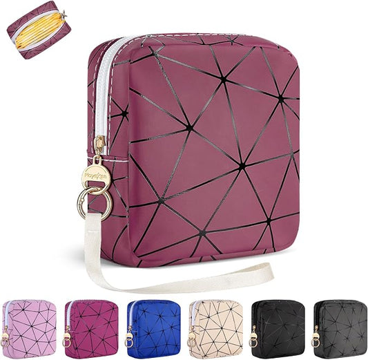 Period Bag for Teen Girls, PU Leather Sanitary Napkin Storage Bag, Menstrual Pad Bag Period Pouches Tampon Holder for Purse (Bean Paste Red)