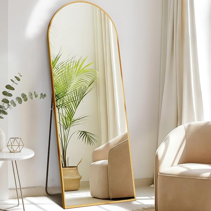DUMOS 58"x19" Arched Full Length Mirror with Stand, Full Body Floor Mirror | Free Standing or Wall Mount, Nano Glass Aluminum Frame, Hanging or Leaning, Modern Simple Home Decor, Gold