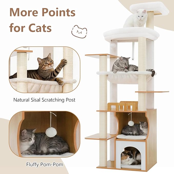Modern Cat Tree Tower, 2-Layer Condo & Perch, Big Hammock 102WB | 70.9''Wooden Cat Tower House Large Platform with Safe Guardrail for Indoor Cats Adult, All Sisal Scratching Post, Walnut