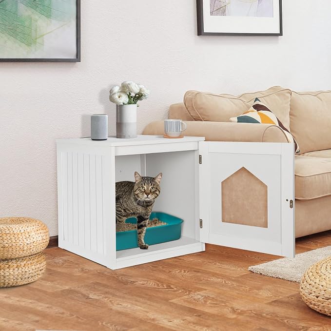 ZENY Cat House & Side Table, Pet Cat Litter Box Enclosure with Vent Holes, Wooden Enclosed Cat Washroom, White