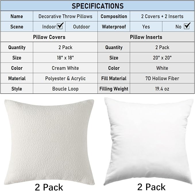 Complete Throw Pillows with Inserts, Set of 2 Decorative Throw Pillow-Boucle-18 x 18"-Square Boho Pillows for Couch, Patio, Bed, Sofa Decor (White, 18" x 18"(Pack of 2))
