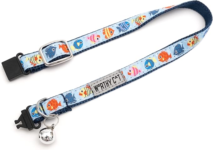 THE WORTHY DOG Characters Pattern, Breakaway Cat Collar, with Bell, Blue
