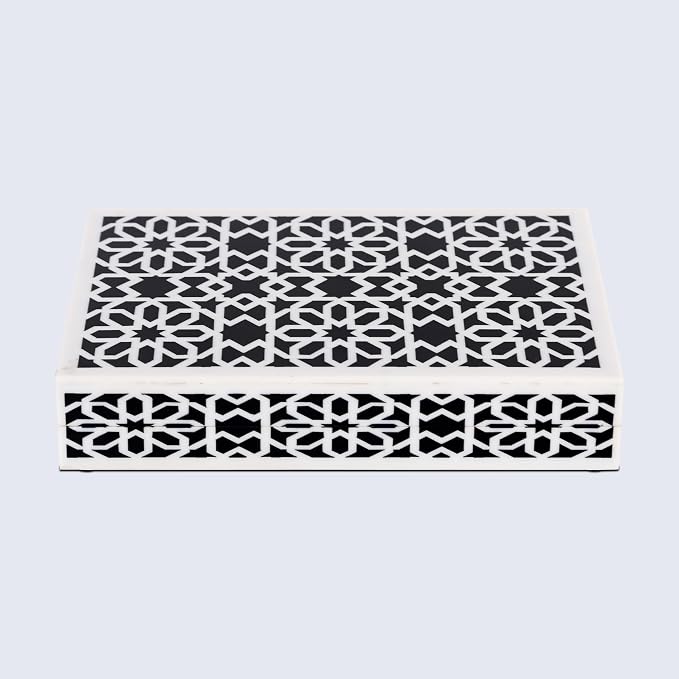 Handicrafts Home Decorative Storage Box with Lid, Black White Islamic Floral Geometry Remote Control Box, Slim Persian Mosaic Storage Box for Shelf, Desk & Living Room Decor, Shiraz 8 x 6 x 1.5