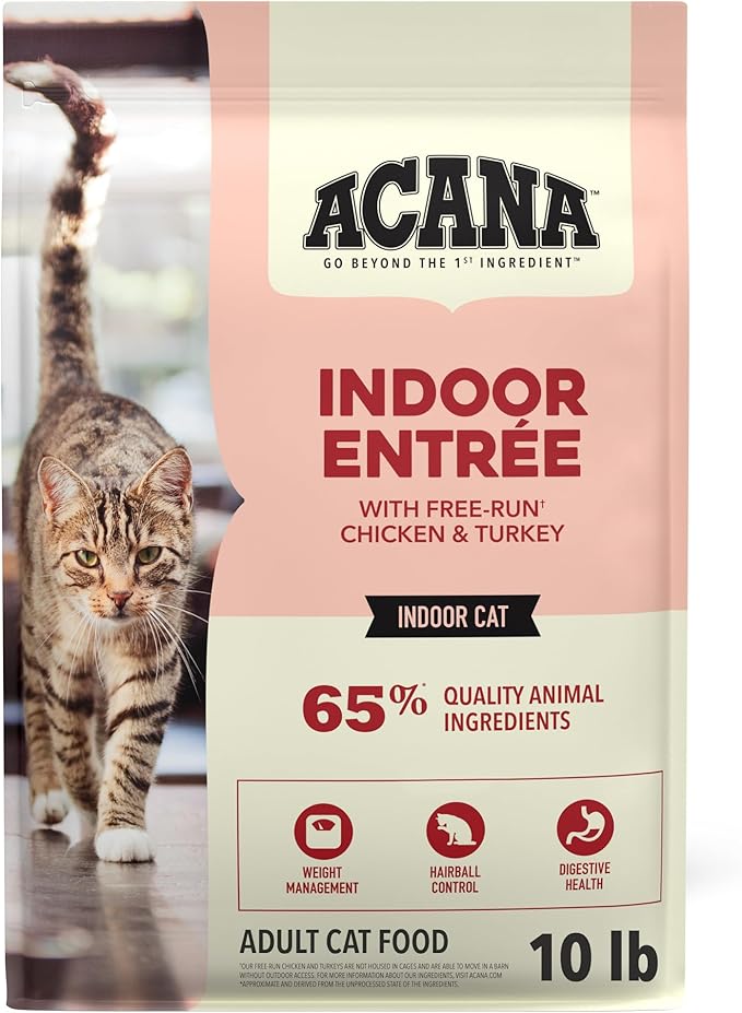 ACANA Dry Cat Food for Indoor Cats Indoor Entrée Chicken Turkey 10lb Bag | Includes Probiotics, Digestive Health, Weight Management, Free-Run Poultry, World's Finest Ingredients