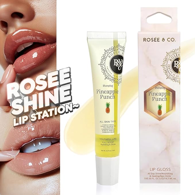 Rosee Lip Gloss Vegan & Cruelty Free Treatment, Professional Make up, Long Lasting Glossy with Shea Butter, Moisturize, Protect & Smooth, High Shine, Non-Sticky (r. Pineapple Punch, 0.5)