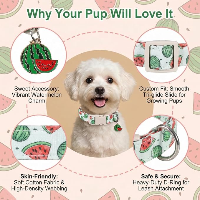 Summer Dog Collar for Large Dogs, Cute Dog Collar with Watermelon Pattern and Pendant, Green Pet Collar with Soft Cotton Fabric and Robust Buckle