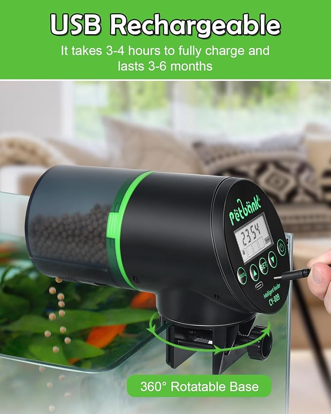 Automatic Fish Feeder for Aquarium Easy Setup & 4 Timers Black | 200ML Rechargeable Auto Food Dispenser for Flakes & Pellets, LCD Display, Vacation Feeding for Small Tank Betta Koi Turtle