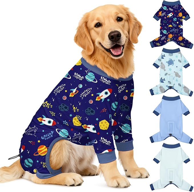 Bienbee Dog Pajamas, 4 Pack Adjustable Onesies for Small to Large Dogs 3XL | Dog Shedding Suit with Soft Fabric, Breathable & Stretchy, and Adjustable Back Length for Sleeping Lounging and Daily Use