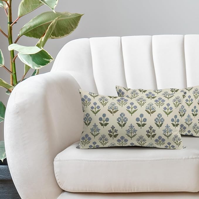 Blue Green Block Print Lumbar Pillow Covers 12x20 Inch Set of 2, Vintage Floral Decorative Throw Pillow Cases Boho Cushion Covers Rustic Decoration Gift Farmhouse Sofa Couch Bed Decor