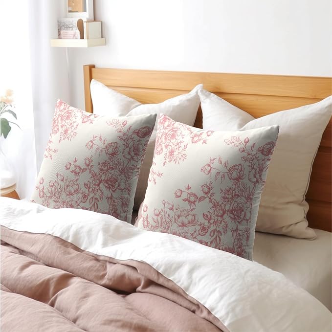 Kawani Vintage Flowers Throw Pillow Covers 22x22 in, Pack of 2 Light Pink White Chinoiserie Floral Cotton Linen Pillowcases Farmhouse Cushion Cover for Couch Sofa Outdoor Indoor Decor
