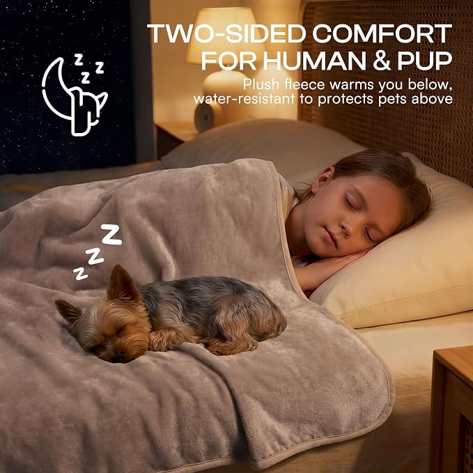 Luciphia Waterproof Pet Blanket, Washable Reversible Sherpa Fleece Throw | Liquid-proof furniture protector for bed and couch, soft reversible sherpa fleece for dogs, cats khaki, XS